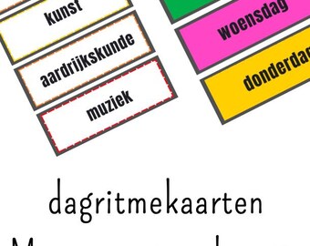 May include: Educational cards with subjects like history, art, and music, along with days of the week in Dutch. The cards are in various colors and feature the text "dagritmekaarten Montessori-onderwijs."