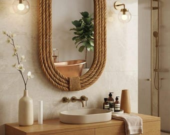 Espejo ovalado hecho a mano con cuerda, marco de yute natural, decoración de pared rústica bohemia.