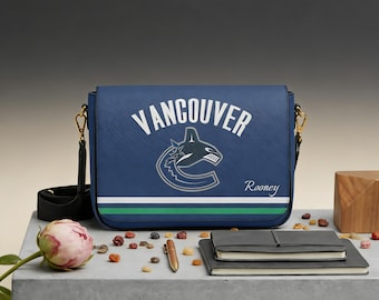 Personalized Vancouver Canucks Messenger Bag, Custom Name NHL Hockey Fan Shoulder Bag Gift