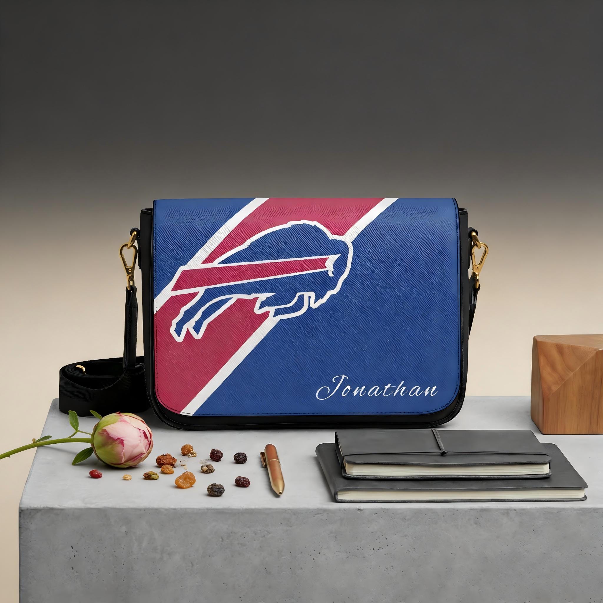 Discover Custom Name Bills Leather Messenger Bag, Personalized Football Crossbody Bag for Buffalo Fans