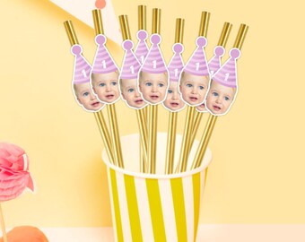 Custom Face Party Straws – 1st Birthday Personalized Baby Face Straws with Party Hat