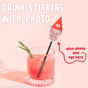 Agitadores de bebidas con caras personalizadas: decoraciones divertidas para fiesta de 40 cumpleaños / Palitos de cóctel personalizados para 45 cumpleaños con foto