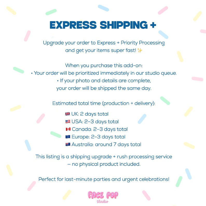 May include: White graphic with the text "EXPRESS SHIPPING +" and details about expedited order processing. Includes estimated delivery times for the UK, USA, Canada, Europe, and Australia. The text also mentions a rush processing service.