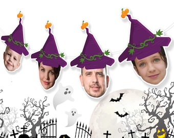 Benutzerdefinierte Halloween-Gesichtsbanner - personalisierte Hexenhut-Girlande für gruselige Party, Halloween-Dekoration für Kinder und Erwachsene