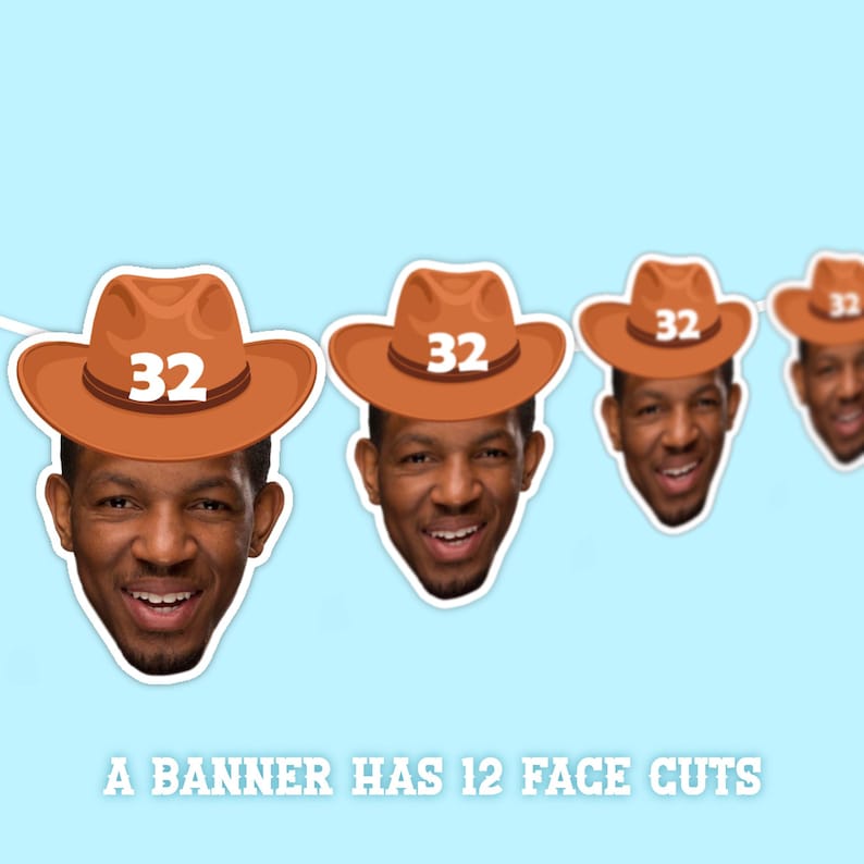 May include: A banner with multiple face cutouts, each featuring a smiling person wearing a brown cowboy hat with the number 32. The banner has the text "A banner has 12 face cuts" at the bottom. The background is light blue.