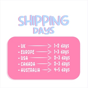 May include: A graphic with the words "SHIPPING DAYS" in light blue. Below, a pink rectangle lists shipping times for the UK, Europe, USA, Canada, and Australia, ranging from 1-2 to 4-5 days.