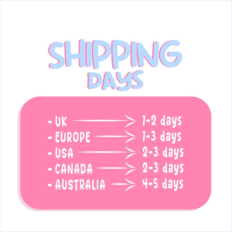 May include: A graphic with the words "SHIPPING DAYS" in light blue. Below, a pink rectangle lists shipping times for the UK, Europe, USA, Canada, and Australia, ranging from 1-2 to 4-5 days.