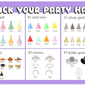 Party hat style selection chart for personalized face straws – choose your favorite hat for custom photo straw toppers