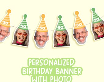 Custom Face Birthday Banner – Personalized Photo Party Garland – 30th 40th 50th 60th 70th 80th 90th Decor
