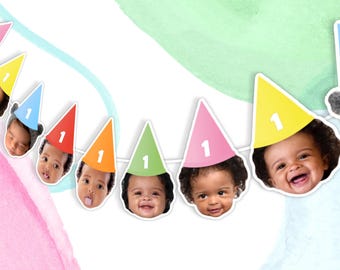 Aangepaste verjaardagsbanner met gezicht – Vlaggenlijn 1e verjaardag – grappige decoratie eerste verjaardag