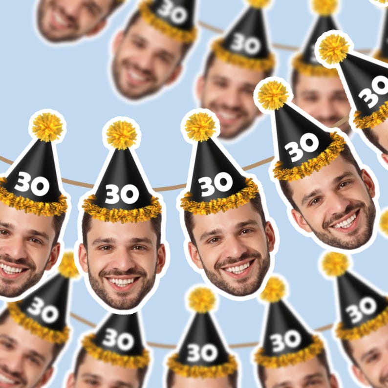 May include: A repeating pattern of smiling faces with black party hats, each displaying the number "30" in white. The hats are adorned with gold trim and a yellow pom-pom. The background is a light blue.