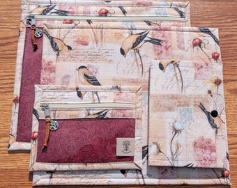 Project Bag Set for Cross Stitch & Embroidery – Zippered Organizer Pouch – Goldfinch Paisley with Cotton Blossom