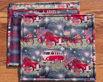 Borsa porta progetti con parte anteriore in vinile: punto croce, ricamo, archiviazione WIP. 4 luglio, Giorno dell'Indipendenza, fuochi d'artificio patriottici.