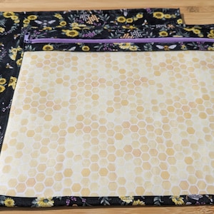 Vinyl Front Project Bag - Cross Stitch, Embroidery and WIP Storage. Bee Lavender Sunflower and Honey Wreath Ready To Ship
