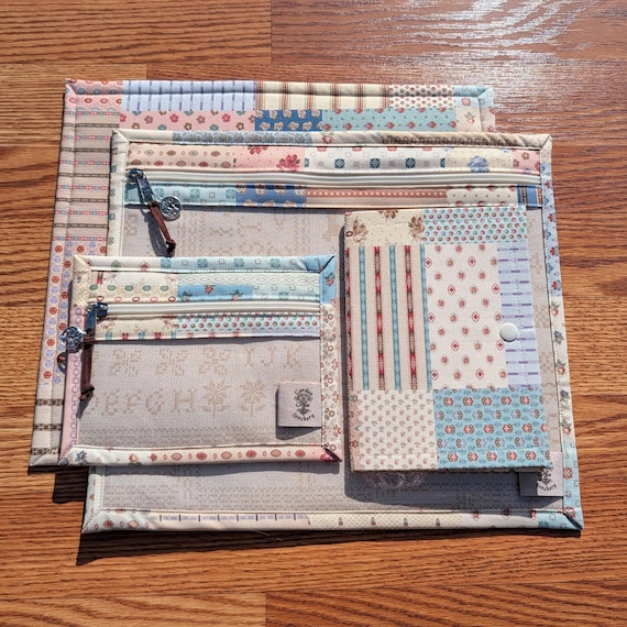 Sampler Style Project Bag Set for Cross Stitch & Embroidery – Zippered Organizer Pouch – Handmade Vinyl Front Bag by Garden Grove Stitchery