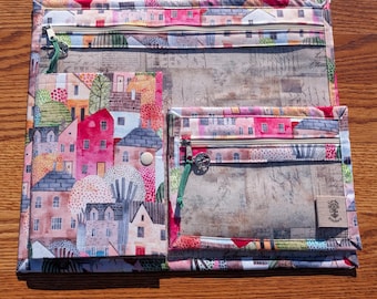 Vinyl Front Cross Stitch Project Bag – Whimsical Houses with Vintage Letters and Post Cards - Zippered Storage
