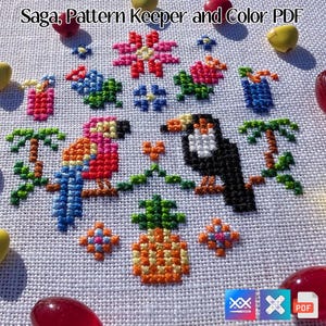 May include: Cross-stitch design with a parrot and toucan, surrounded by flowers, palm trees, and a pineapple. The design is in vibrant colours on a white background. The text "Saga, Pattern Keeper and Color PDF" is at the top.