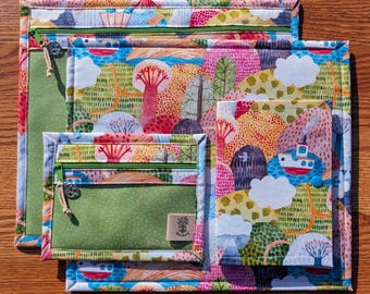 Vinyl Front Cross Stitch Project Bag – Whimsical Hills with Hot Air Balloon - Zippered Storage