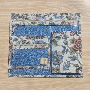Project Bag Set for Cross Stitch & Embroidery – Blue Floral Zippered Organizer Pouch – Handmade Vinyl Front Bag by Garden Grove Stitchery