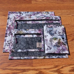 Halloween Project Bag Set for Cross Stitch & Embroidery – Zippered Organizer Pouch – Handmade Vinyl Front Bag - Dark Mottled Flowers