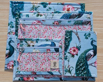 Peacock Project Bag Set for Cross Stitch & Embroidery – Zippered Organizer Pouch – Handmade Vinyl Front Bag by Garden Grove Stitchery