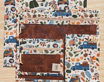 Set met kruissteekprojecttassen herfst: herfstbladeren en pompoenen - opberger van vinyl aan de voorkant