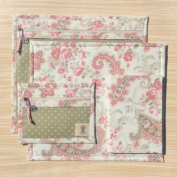 Rose Paisley Project Bag Set for Cross Stitch & Embroidery – Zippered Organizer Pouch – Handmade Vinyl Front Bag by Garden Grove Stitchery
