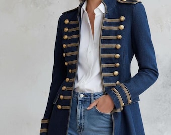 Retro Militär Jeansjacke mit Metallknöpfen | Gothic Steampunk Streetwear Mantel | Vintage-inspirierte maßgeschneiderte Oberbekleidung für Frauen