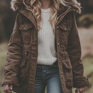 May include: A brown, hooded parka with a faux fur trim. The jacket has multiple pockets and a drawstring waist. The person is wearing a white sweater and blue jeans. The background is blurred, suggesting an outdoor setting.
