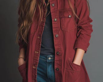 Rust Red Utility Longline Jacket for Women | Button-Up Coat with Pockets | Casual Oversized Fall Jacket | Streetwear Outerwear