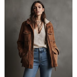 Può includere: Giacca in camoscio marrone con cappuccio e tasche multiple. La giacca è indossata sopra un maglione color crema e abbinata a jeans blu. La giacca ha una vita con coulisse e una fodera colorata.