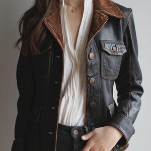 May include: Black leather jacket with a brown corduroy collar and button-down front. The jacket has two front pockets and is worn over a white blouse. The jacket has a vintage look.