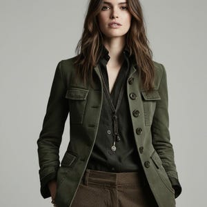 Olive Green Military-Inspired Tailored Jacket | Gothic Steampunk Women’s Coat | Structured Utility Vintage Outerwear