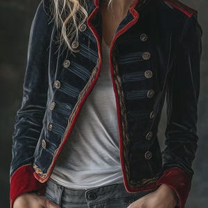 Könnte beinhalten: Dunkelblaue Samtjacke mit roter Paspelierung und goldenen Knöpfen. Die Jacke hat einen hohen Kragen und dekorative Nähte. Die Ärmel haben rote Manschetten. Die Jacke wird über einem weißen T-Shirt und grauen Jeans getragen.