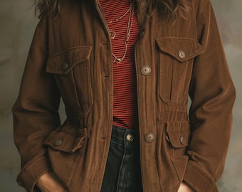 May include: A brown corduroy jacket with four front pockets and button closures. The jacket has a cinched waist and a collared neckline. Worn over a red and black striped shirt and black jeans.