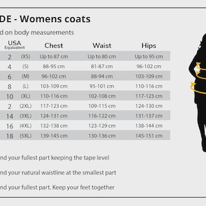 May include: A women's coat size guide, displaying measurements in centimetres and equivalent US sizes. The chart details chest, waist, and hip measurements, accompanied by a silhouette showing measurement points. The text "FIT GUIDE - Womens coats" is at the top.