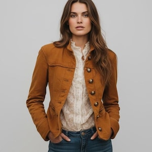 May include: A tan-colored jacket with multiple gold buttons and a high collar. The jacket is worn over a white lace blouse and blue jeans. The jacket has long sleeves and pockets.