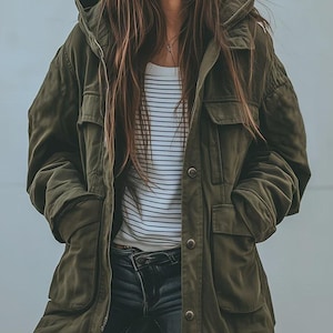 May include: An olive green hooded jacket with multiple pockets and a zip closure. The jacket is worn over a white and grey striped top and blue jeans. The jacket has a relaxed fit and a casual style.