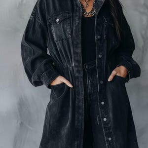 Black Washed Denim Longline Utility Shirt Jacket | Oversized Denim Coat with Pockets | Unisex Streetwear Jacket | Casual Layering Piece image 4