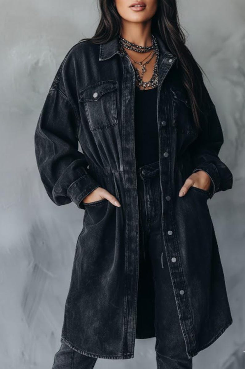 Black Washed Denim Longline Utility Shirt Jacket | Oversized Denim Coat with Pockets | Unisex Streetwear Jacket | Casual Layering Piece image 4