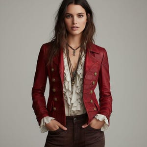 Bohemian Crimson Military-Style Jacket | Vintage Eco-Leather Coat for Women | Retro Statement Outerwear | Sustainable Fashion