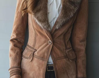 Vintage camelkleurige suède jas met gevlochten rand en ecologische bontkraag | Gothic steampunkjas | Op maat gemaakte retro bovenkleding voor dames