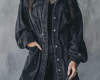 Black Washed Denim Longline Utility Shirt Jacket | Oversized Denim Coat with Pockets | Unisex Streetwear Jacket | Casual Layering Piece