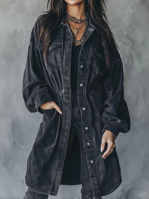 Black Washed Denim Longline Utility Shirt Jacket | Oversized Denim Coat with Pockets | Unisex Streetwear Jacket | Casual Layering Piece
