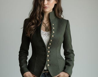 Ruhige Luxus-Stehkragen-Wolljacke in der Taille | Damenmantel im Military Stil | Maßgeschneiderte Elegante Oberbekleidung | Herbst Winter Jacke
