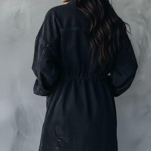 Black Washed Denim Longline Utility Shirt Jacket | Oversized Denim Coat with Pockets | Unisex Streetwear Jacket | Casual Layering Piece image 5