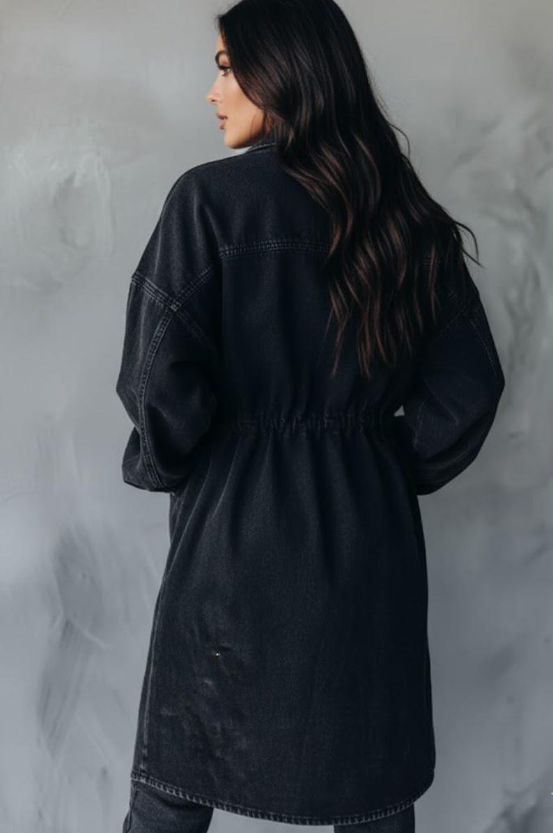 Black Washed Denim Longline Utility Shirt Jacket | Oversized Denim Coat with Pockets | Unisex Streetwear Jacket | Casual Layering Piece image 5