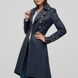 Retro Military Style Faux Leather Coat for Women – Double-Breasted Vintage Military Jacket | Faux Leather Coat