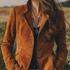 Boho Button-Down Microsuede Blazer | Schicker & vielseitiger Damen-Blazer | Boho-inspirierter Tailored Fit Blazer