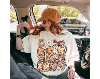 Floral Pumpkin Fall PNG | Trendy Patchwork Bow Autumn Sublimation | Girly Fall Digital Design